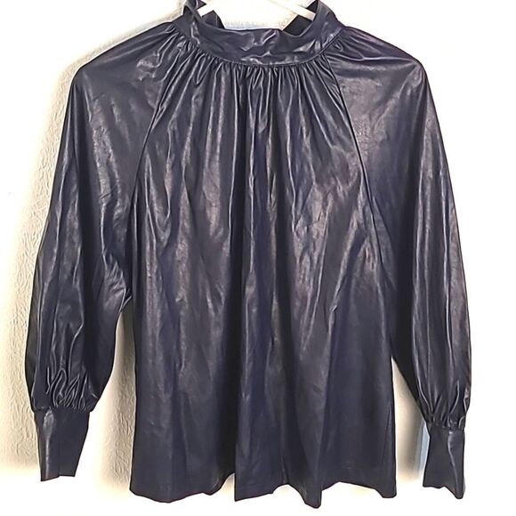 Rachel Comey Faux Leather Navy Blue Top, Buttondown in Back w/Tie, Sz Medium,NWT - Picture 4 of 13